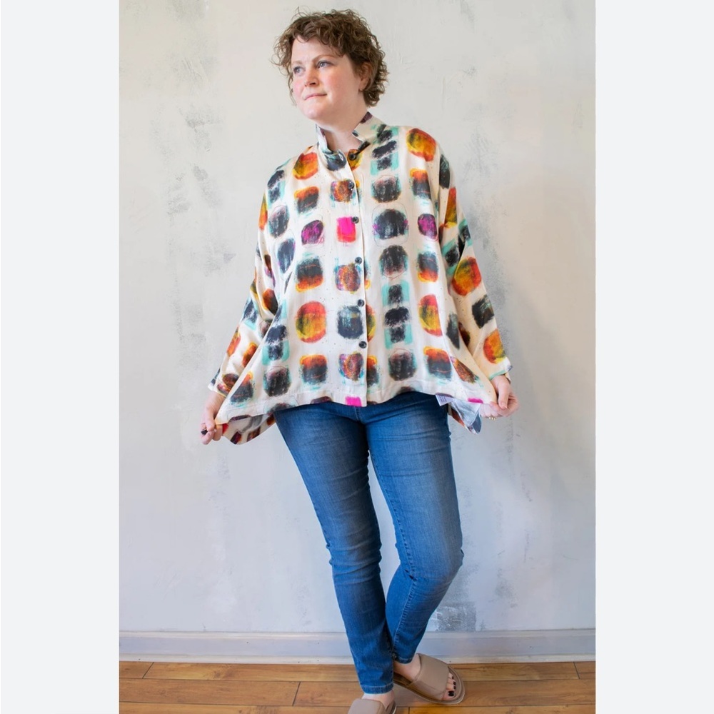 MWT M Square Artsy Hana Shirt Long Sleeve Sz 2 Vibrant Abstract Designs Retro
